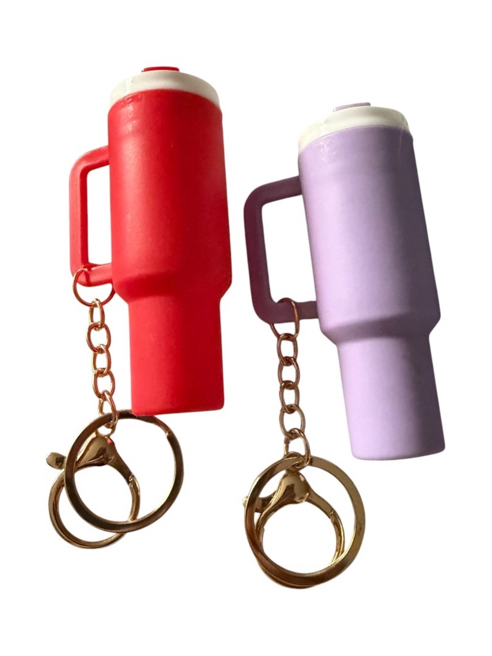 NEW-Two tumbler keychains, red and purple